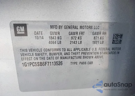 2015 Chevrolet Cruze 1Lt Auto z USA, uszkodzony, nr VIN 1G1PC5SB6F7113526